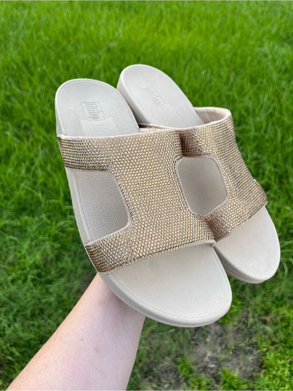 NWOT Fitflop Marli Women's Slide Sandals in Gold Tone with Sparkle Upper Size 10